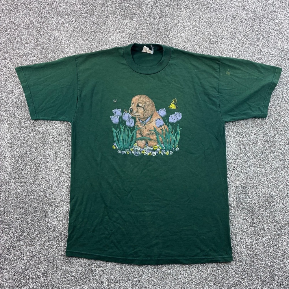 Vintage Puppy Dog Shirt Mens Large Green Cotton Blend Animals Nature 90s Graphic